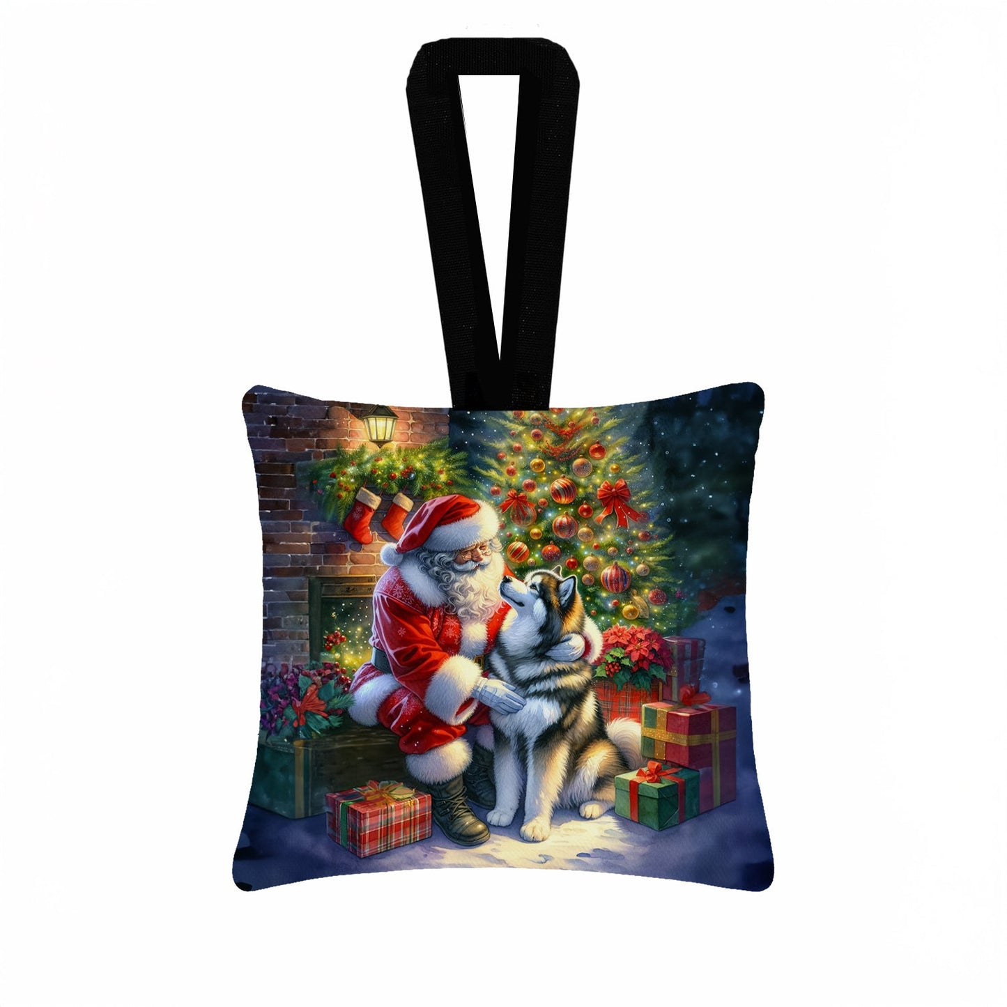 Alaskan Malamute and Santa Claus Hanging Square Fabric Ornament 3.5 × 3.5