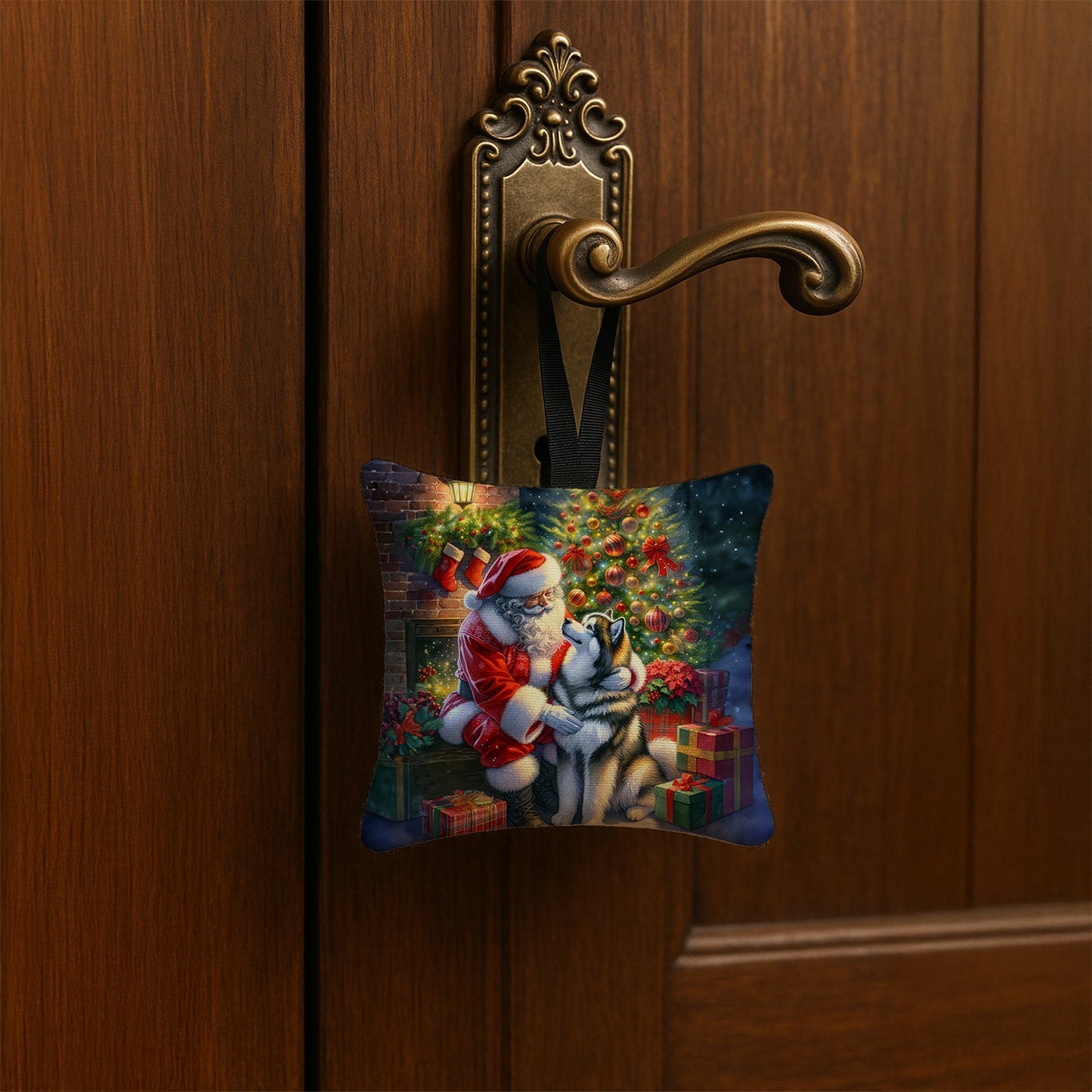 Alaskan Malamute and Santa Claus Hanging Square Fabric Ornament 3.5 × 3.5