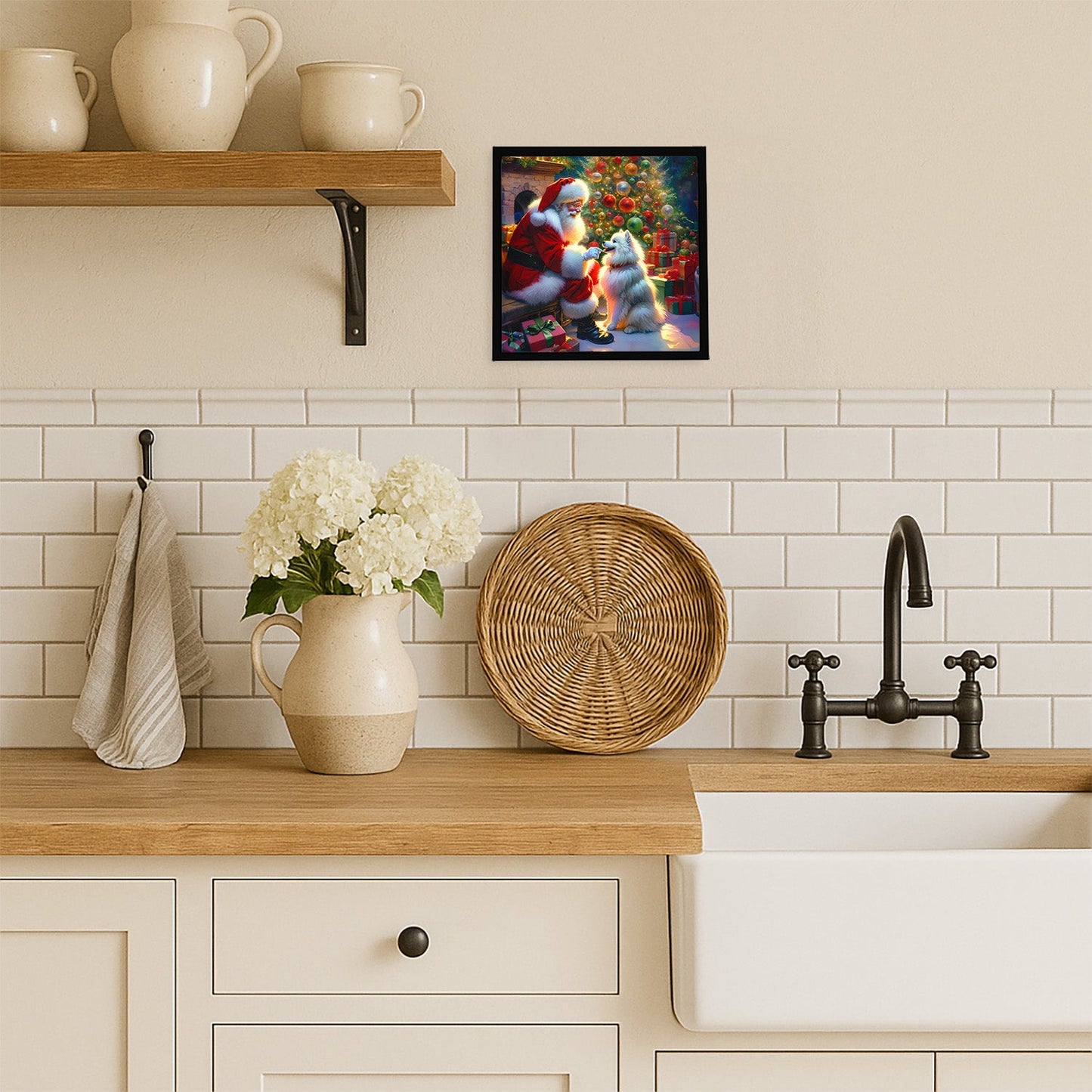 American Eskimo and Santa Claus Framed Metal Print