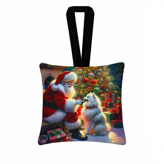 American Eskimo and Santa Claus Hanging Square Fabric Ornament 3.5 × 3.5
