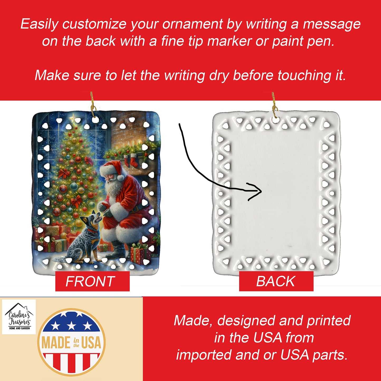 Australian Cattle Dog and Santa Claus Porcelain Ornament