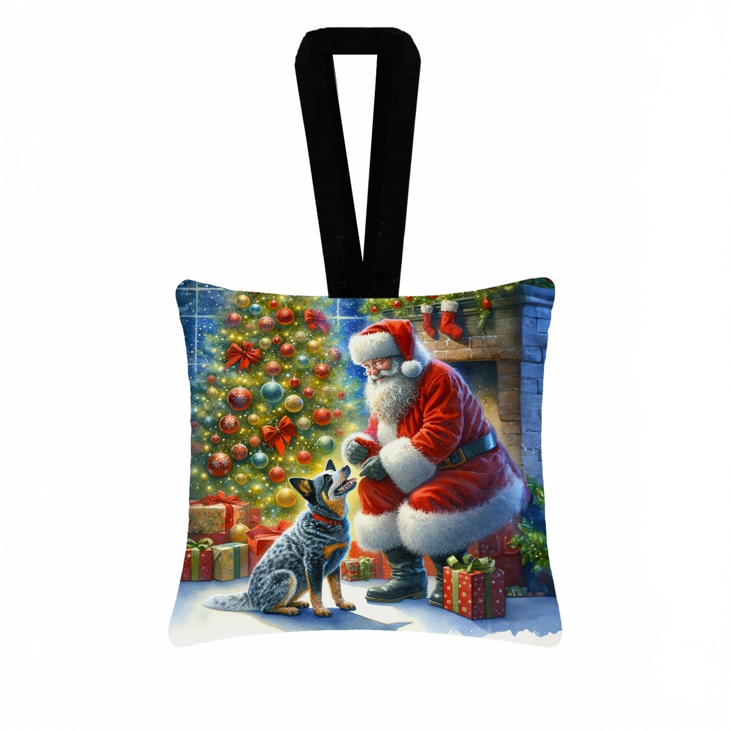 Australian Cattle Dog and Santa Claus Hanging Square Fabric Ornament 3.5 × 3.5