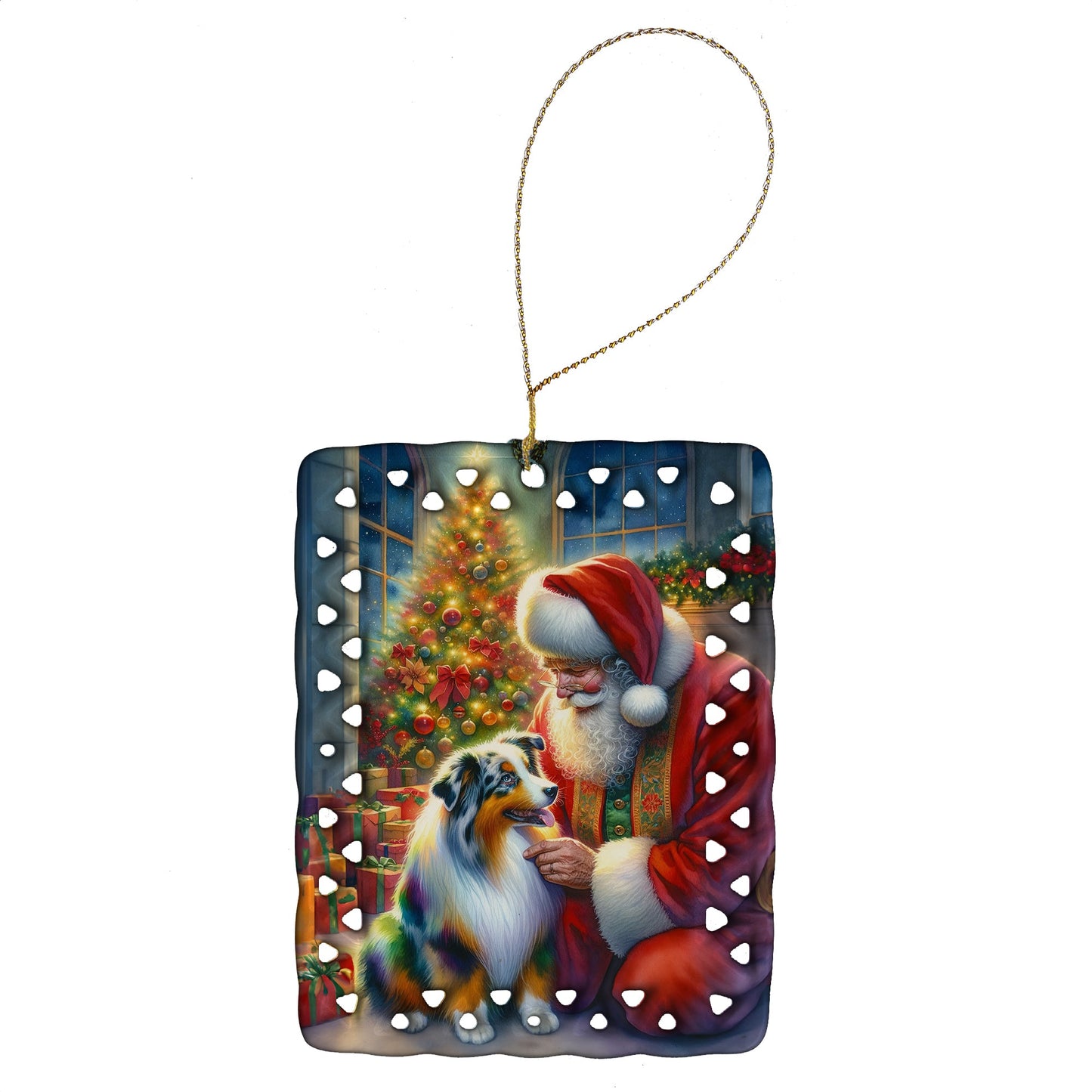 Australian Shepherd and Santa Claus Porcelain Ornament