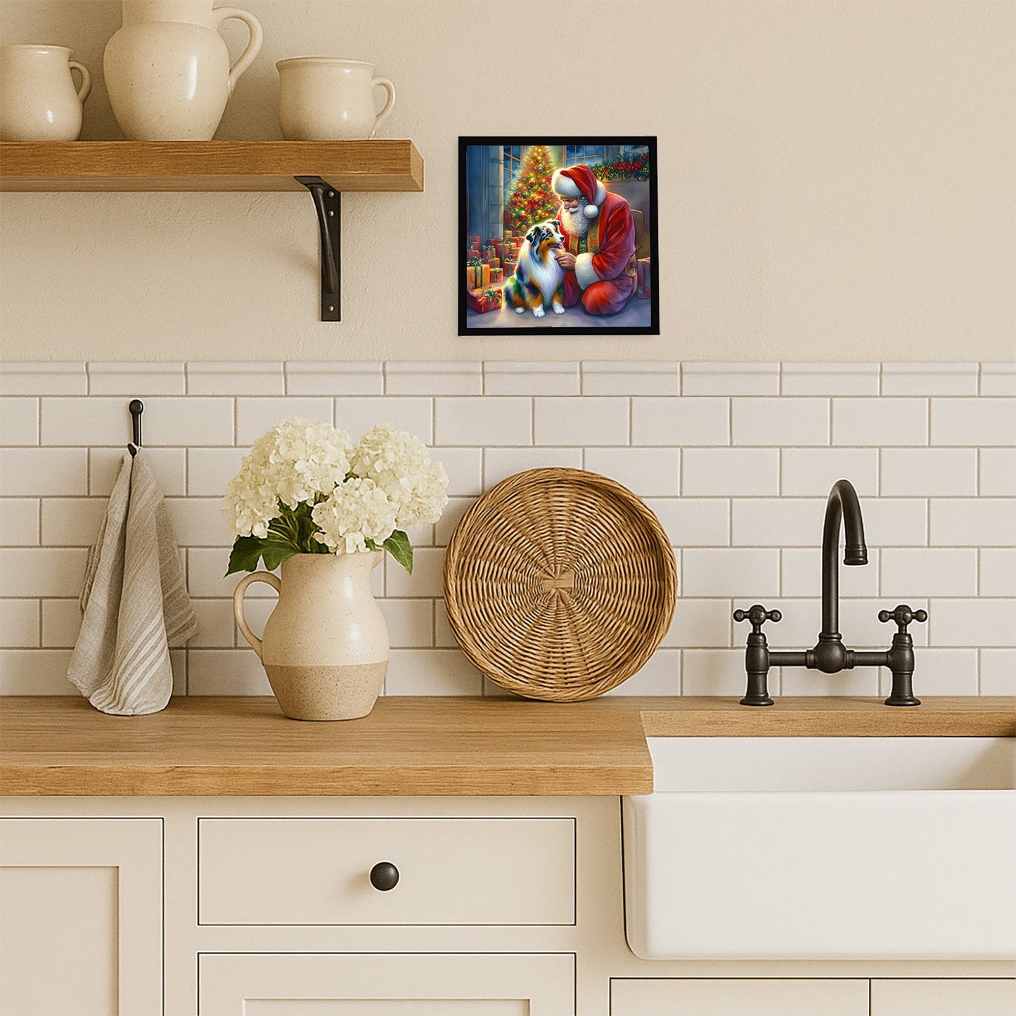 Australian Shepherd and Santa Claus Framed Metal Print