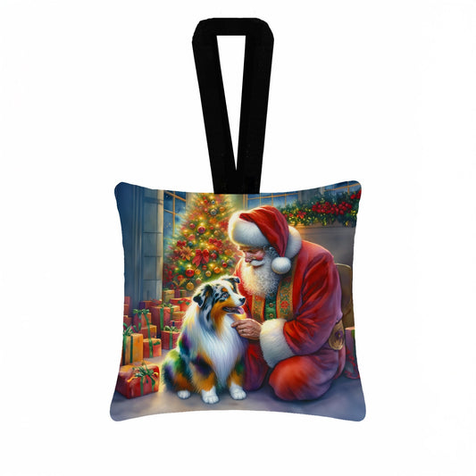 Australian Shepherd and Santa Claus Hanging Square Fabric Ornament 3.5 × 3.5
