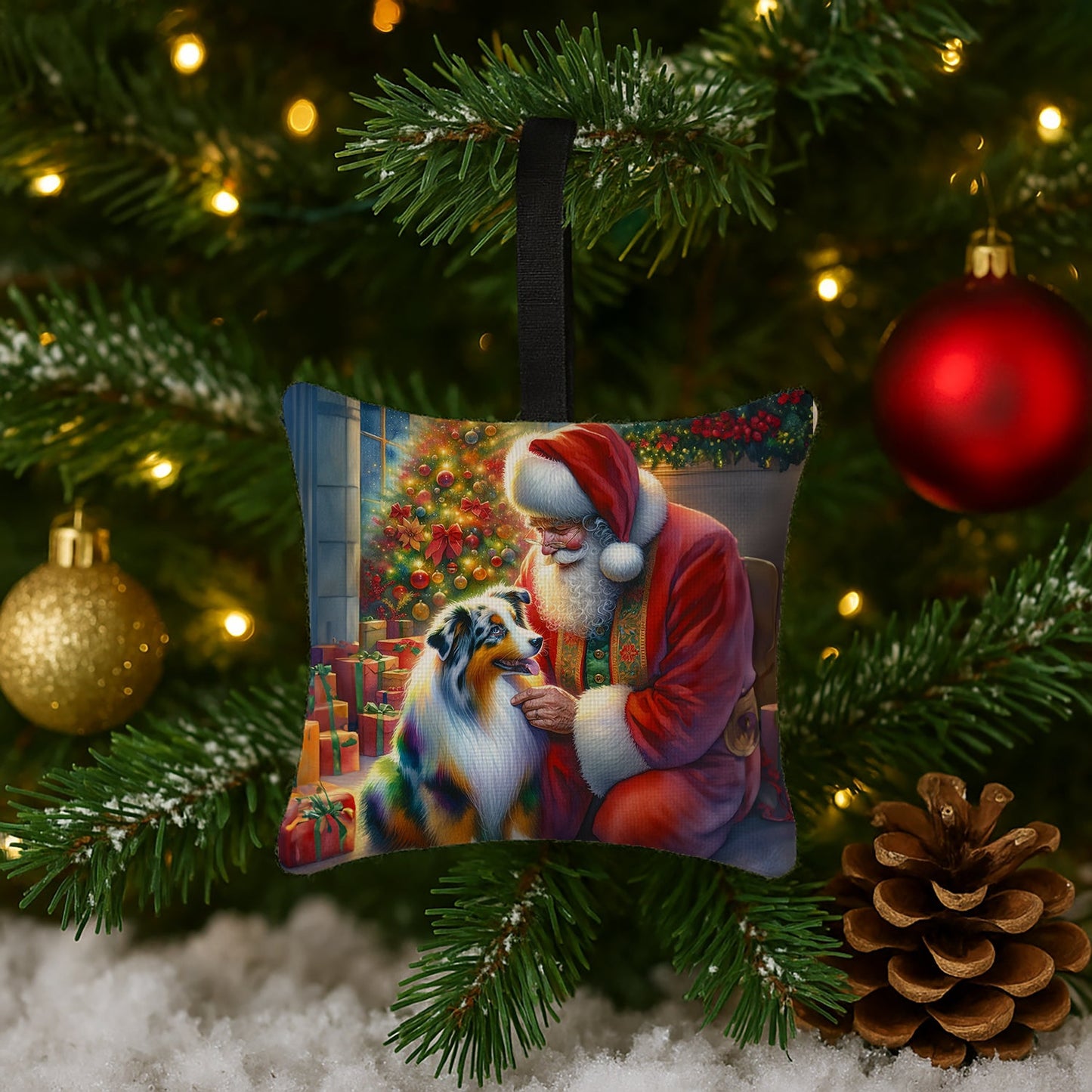 Australian Shepherd and Santa Claus Hanging Square Fabric Ornament 3.5 × 3.5