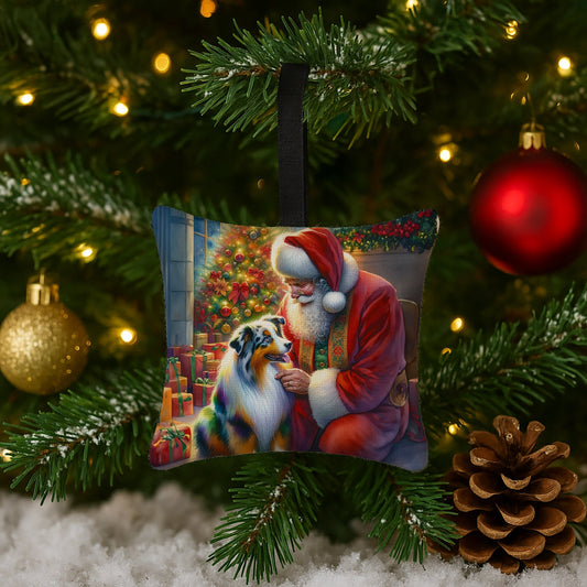 Australian Shepherd and Santa Claus Hanging Square Fabric Ornament 3.5 × 3.5