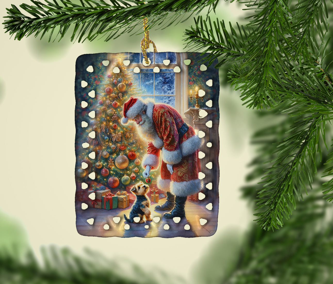 Australian Terrier and Santa Claus Porcelain Ornament