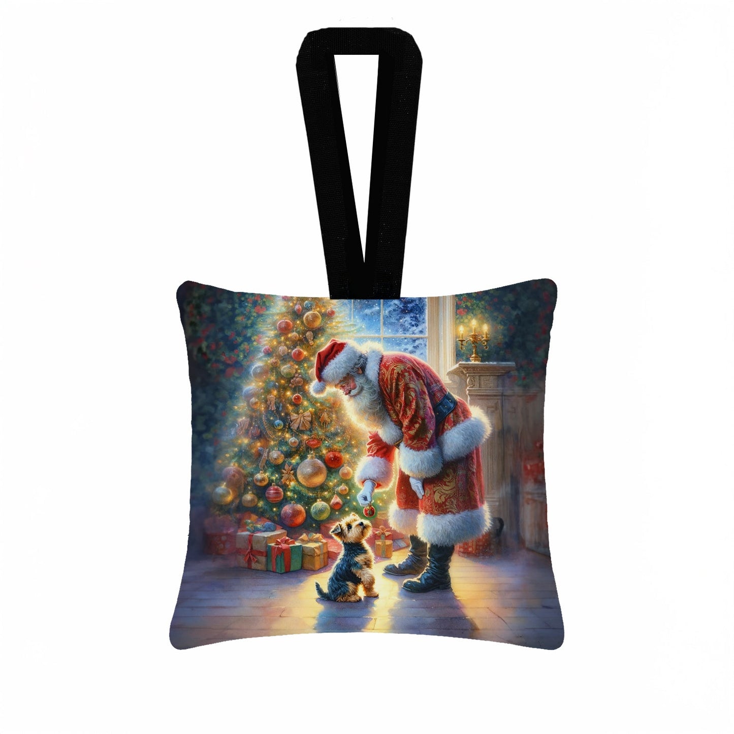 Australian Terrier and Santa Claus Hanging Square Fabric Ornament 3.5 × 3.5