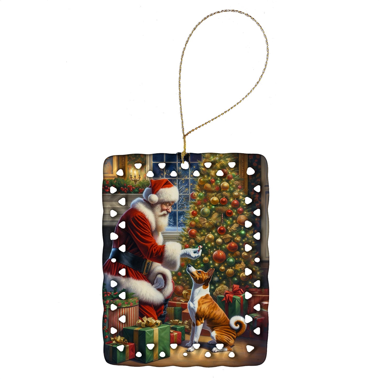 Basenji and Santa Claus Porcelain Ornament
