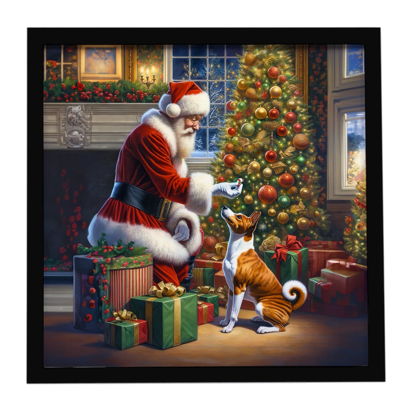 Basenji and Santa Claus Framed Metal Print