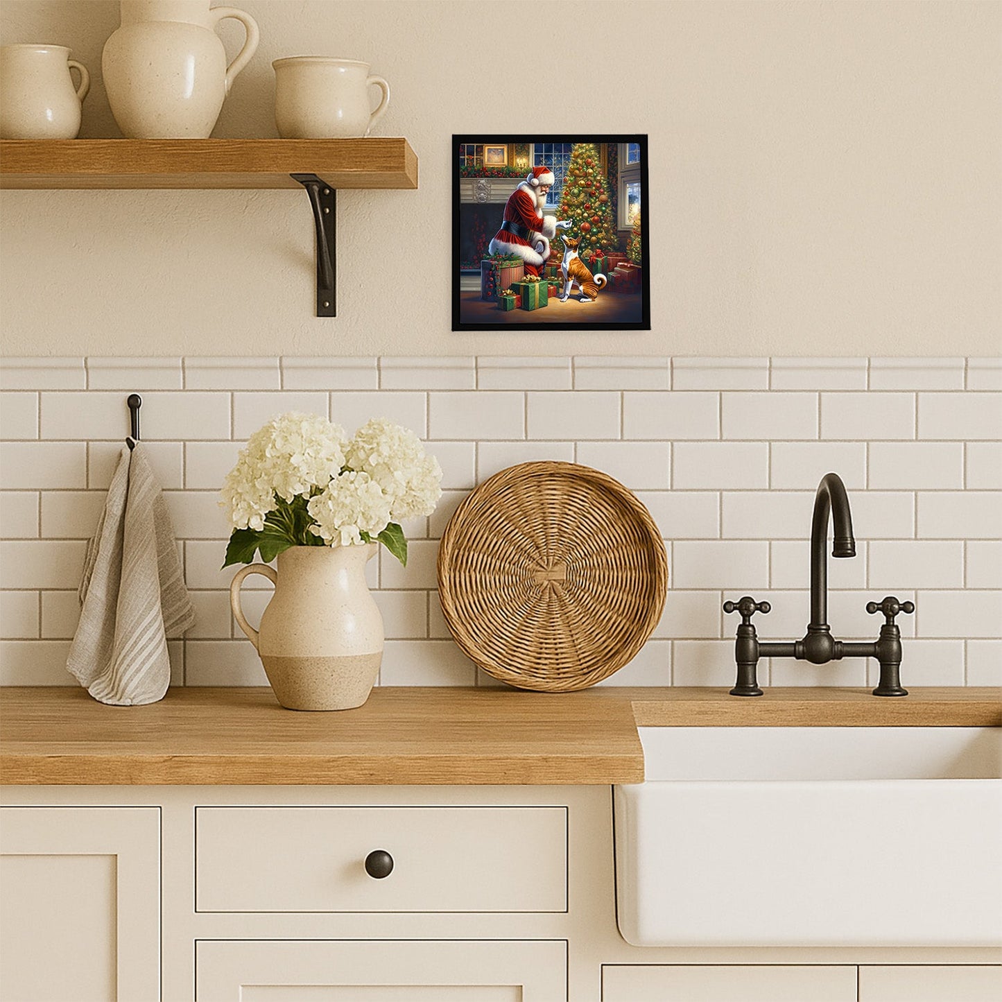 Basenji and Santa Claus Framed Metal Print