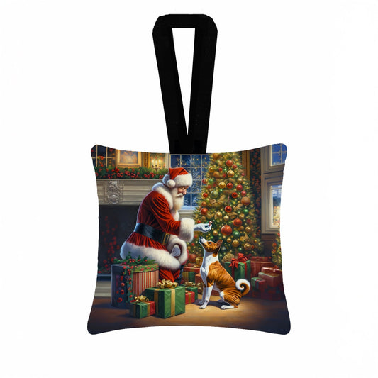 Basenji and Santa Claus Hanging Square Fabric Ornament 3.5 × 3.5