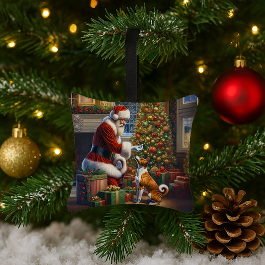 Basenji and Santa Claus Hanging Square Fabric Ornament 3.5 × 3.5