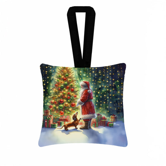 Dachshund and Santa Claus Hanging Square Fabric Ornament 3.5 × 3.5