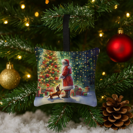 Dachshund and Santa Claus Hanging Square Fabric Ornament 3.5 × 3.5