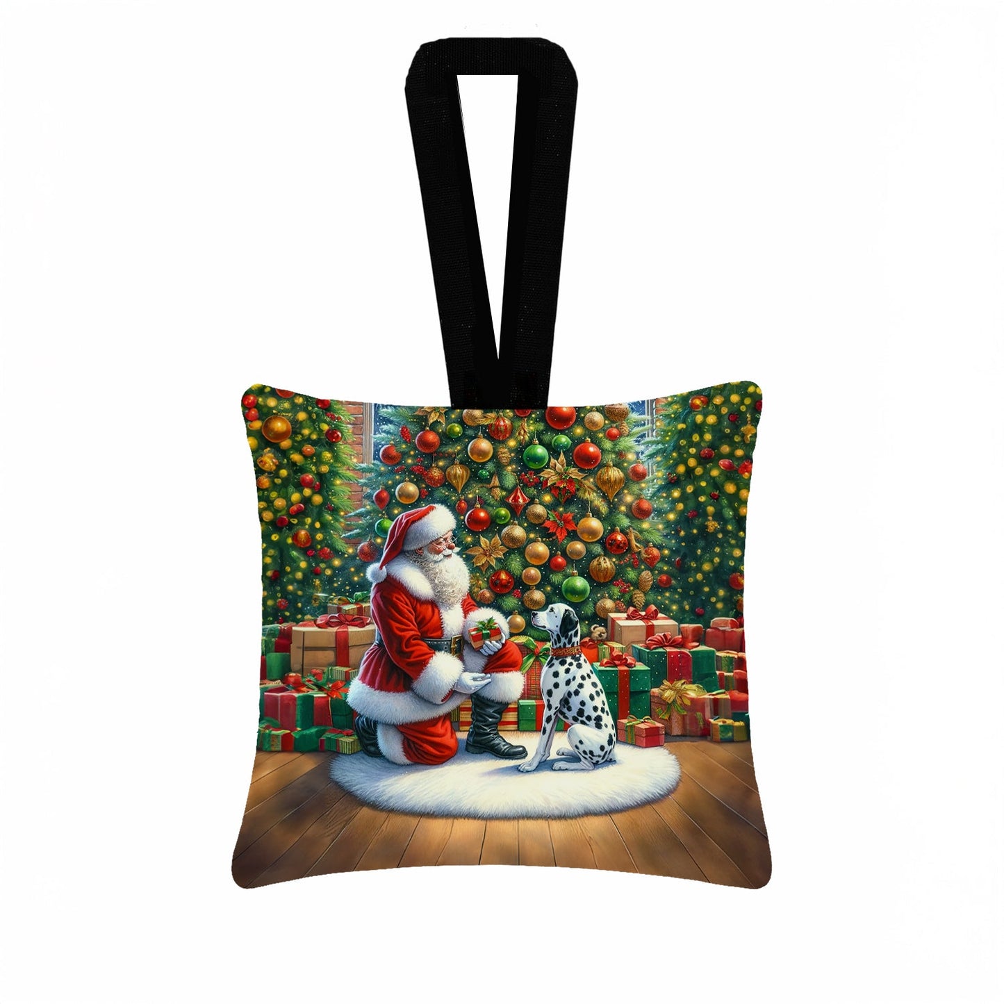 Dalmatian and Santa Claus Hanging Square Fabric Ornament 3.5 × 3.5