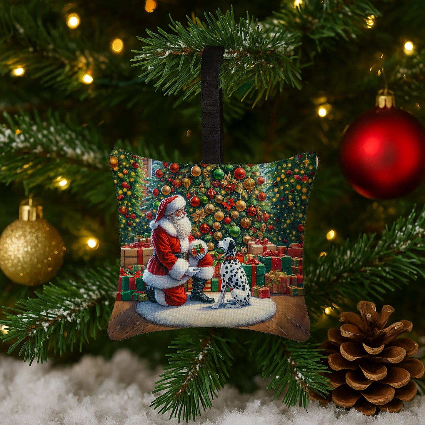 Dalmatian and Santa Claus Hanging Square Fabric Ornament 3.5 × 3.5