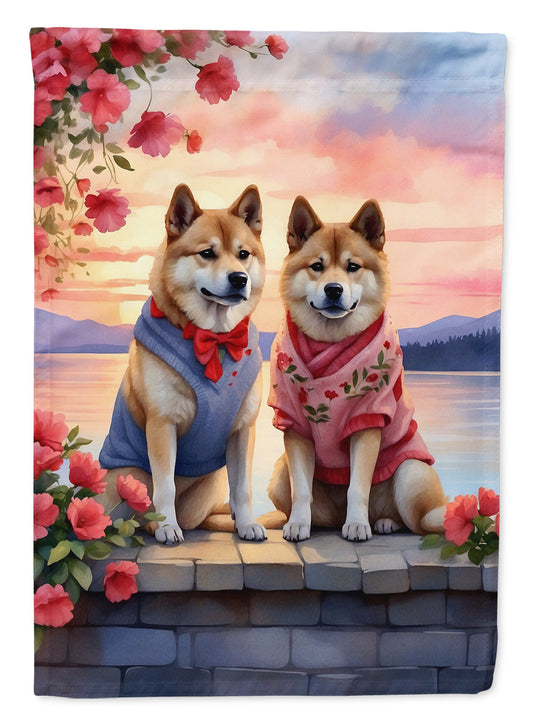 Akita Two Hearts Garden Flag –  Romantic Dog Pair with Sunset & Mountain Background