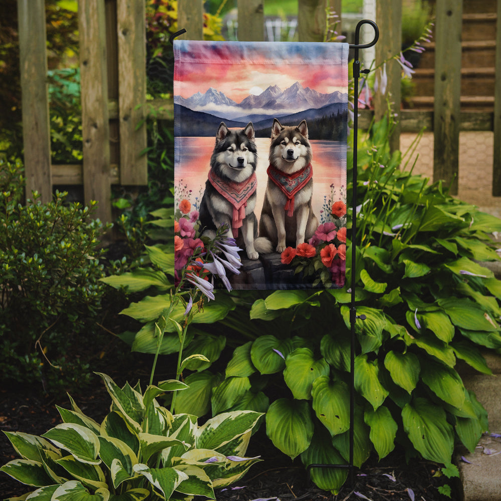 Alaskan Malamute Two Hearts Garden Flag –  Romantic Dog Pair with Sunset & Mountain Background