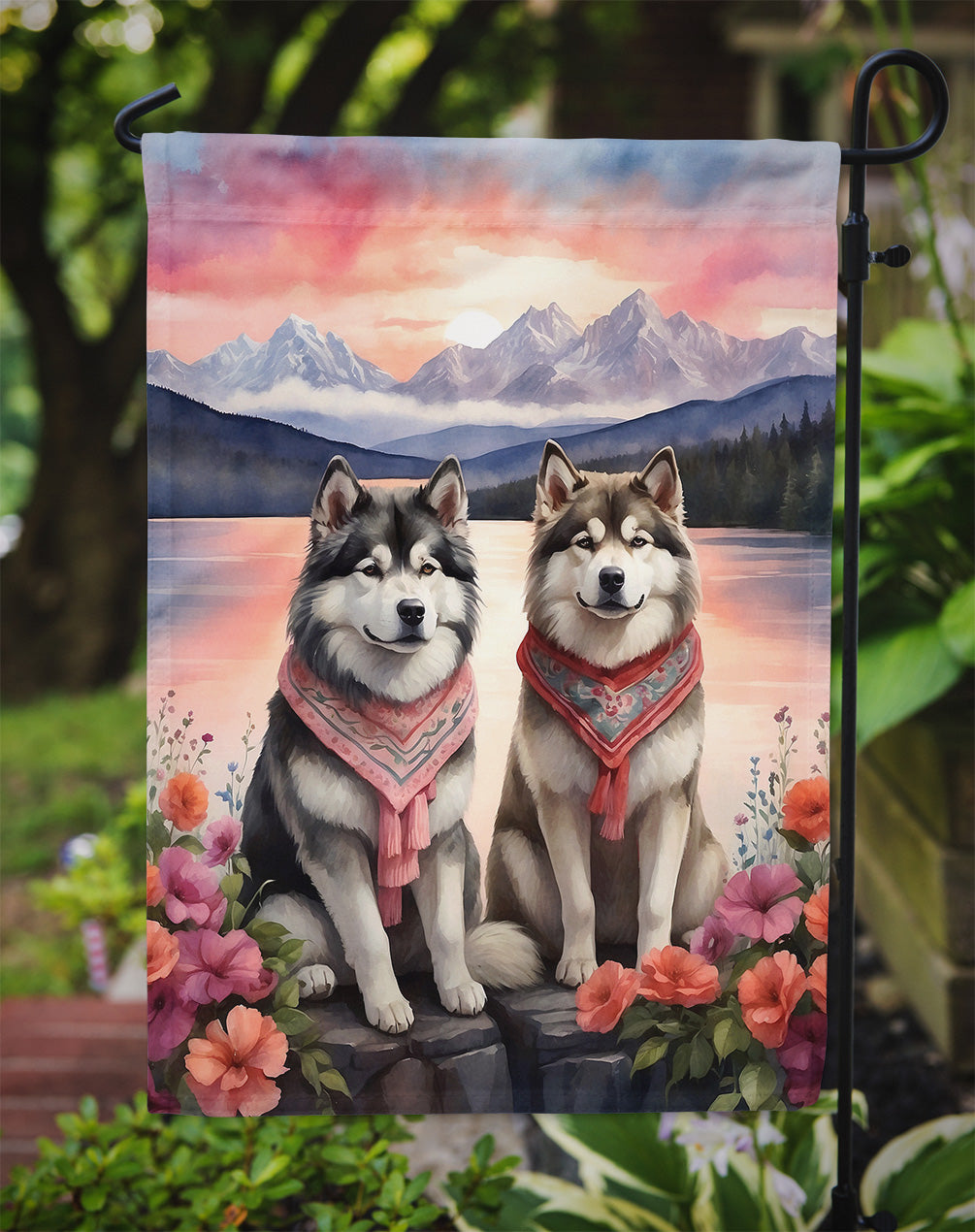 Alaskan Malamute Two Hearts Garden Flag –  Romantic Dog Pair with Sunset & Mountain Background