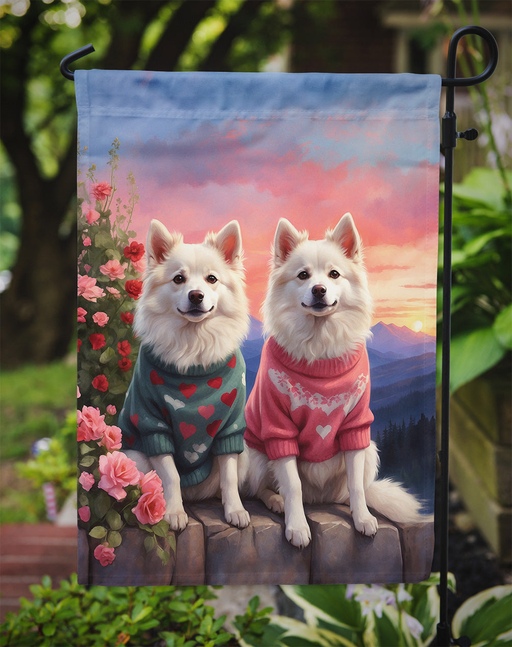 American Eskimo Two Hearts Garden Flag –  Romantic Dog Pair with Sunset & Mountain Background