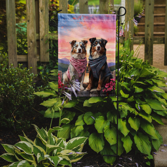 Australian Shepherd Two Hearts Garden Flag –  Romantic Dog Pair with Sunset & Mountain Background