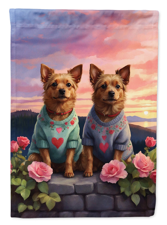 Australian Terrier Two Hearts Garden Flag –  Romantic Dog Pair with Sunset & Mountain Background