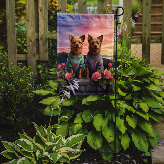 Australian Terrier Two Hearts Garden Flag –  Romantic Dog Pair with Sunset & Mountain Background