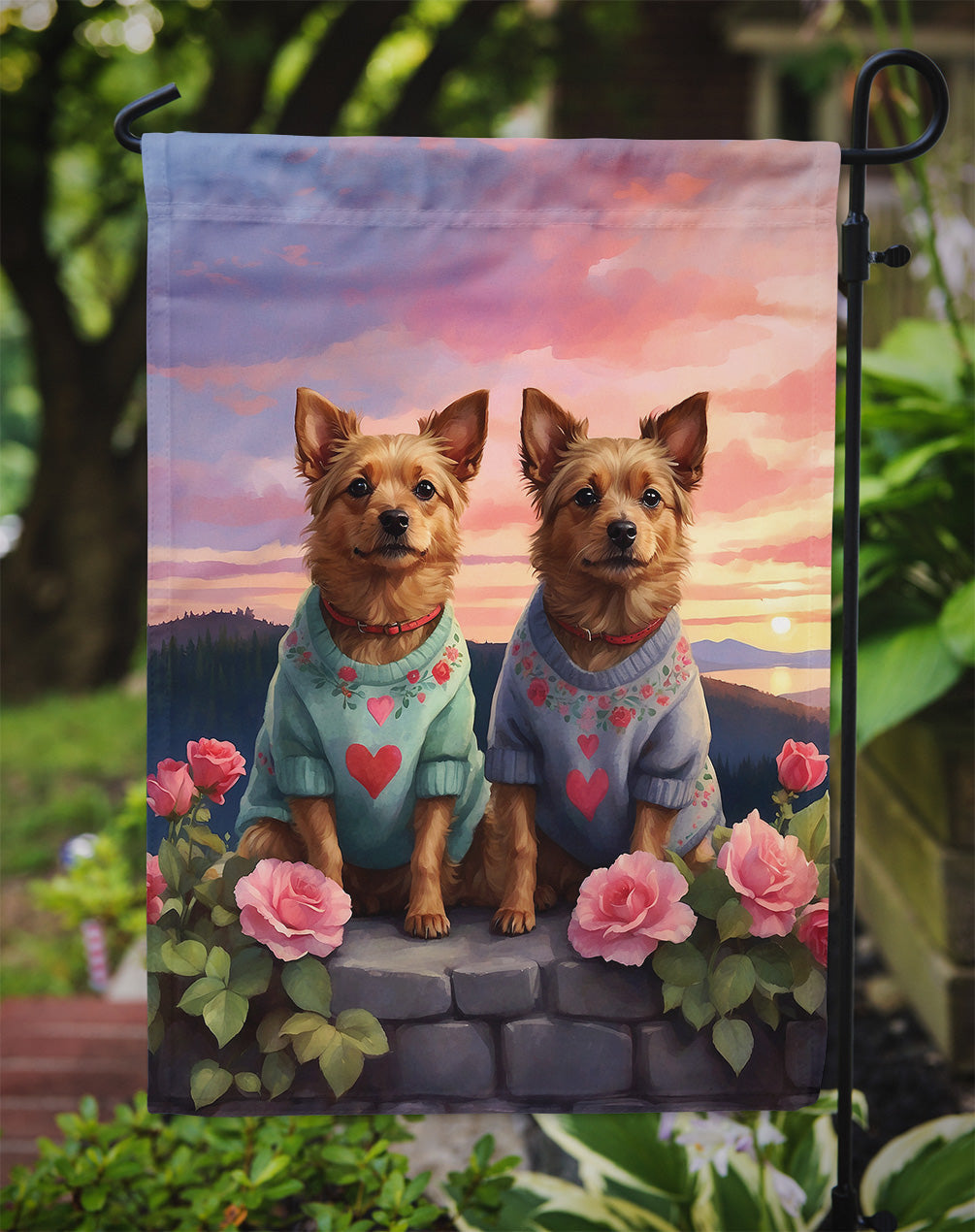 Australian Terrier Two Hearts Garden Flag –  Romantic Dog Pair with Sunset & Mountain Background