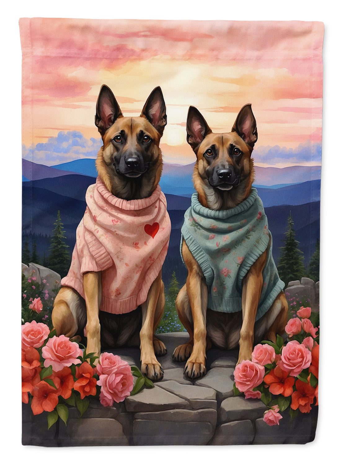 Belgian Malinois Two Hearts Garden Flag –  Romantic Dog Pair with Sunset & Mountain Background