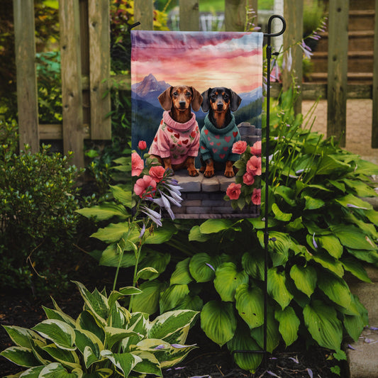 Dachshund Two Hearts Garden Flag –  Romantic Dog Pair with Sunset & Mountain Background