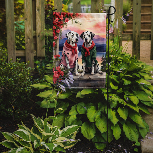 Dalmatian Two Hearts Garden Flag –  Romantic Dog Pair with Sunset & Mountain Background