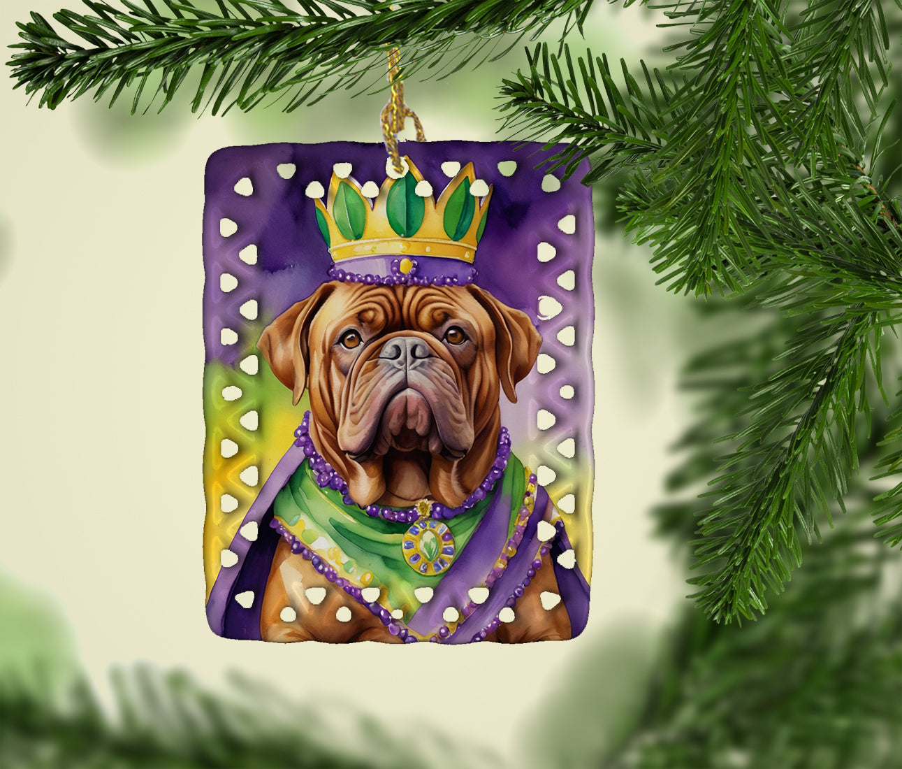 Dogue de Bordeaux King of Mardi Gras Porcelain Ornament