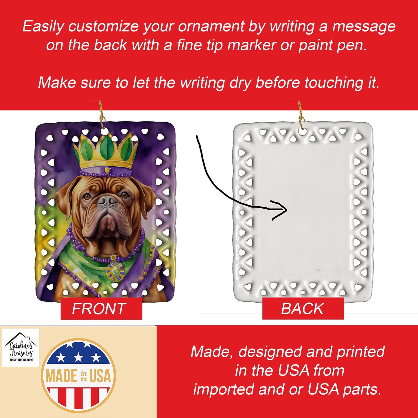 Dogue de Bordeaux King of Mardi Gras Porcelain Ornament