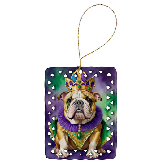 English Bulldog King of Mardi Gras Porcelain Ornament