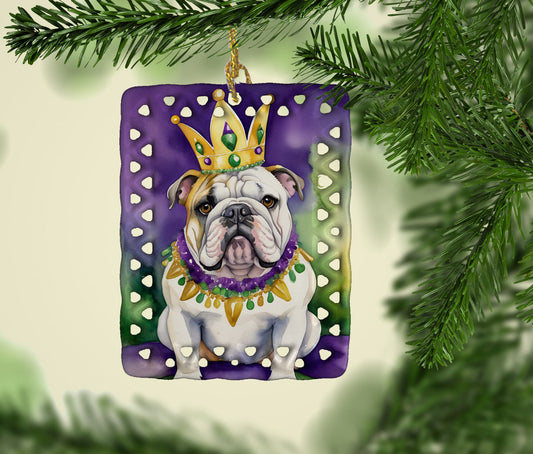English Bulldog King of Mardi Gras Porcelain Ornament