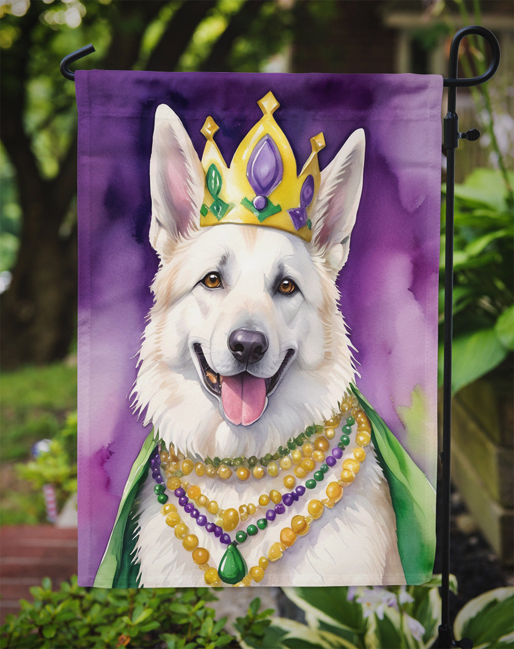 White German Shepherd King of Mardi Gras Garden Flag - Vibrant Dog-Themed Yard Decor by Caroline's Treasures