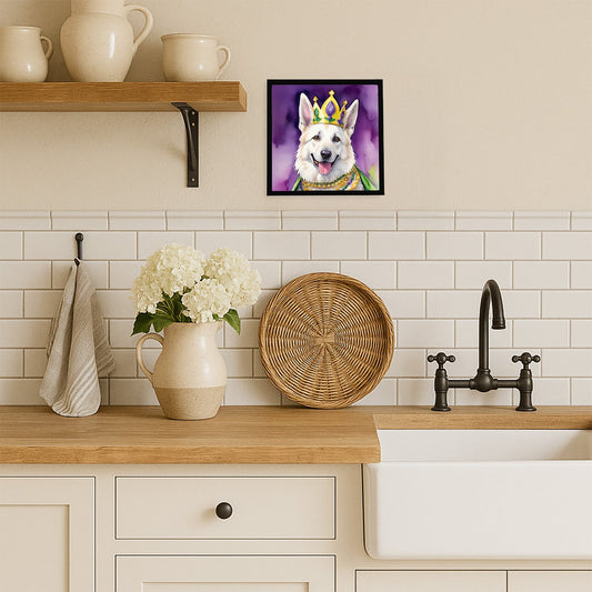 White German Shepherd King of Mardi Gras Framed Metal Print
