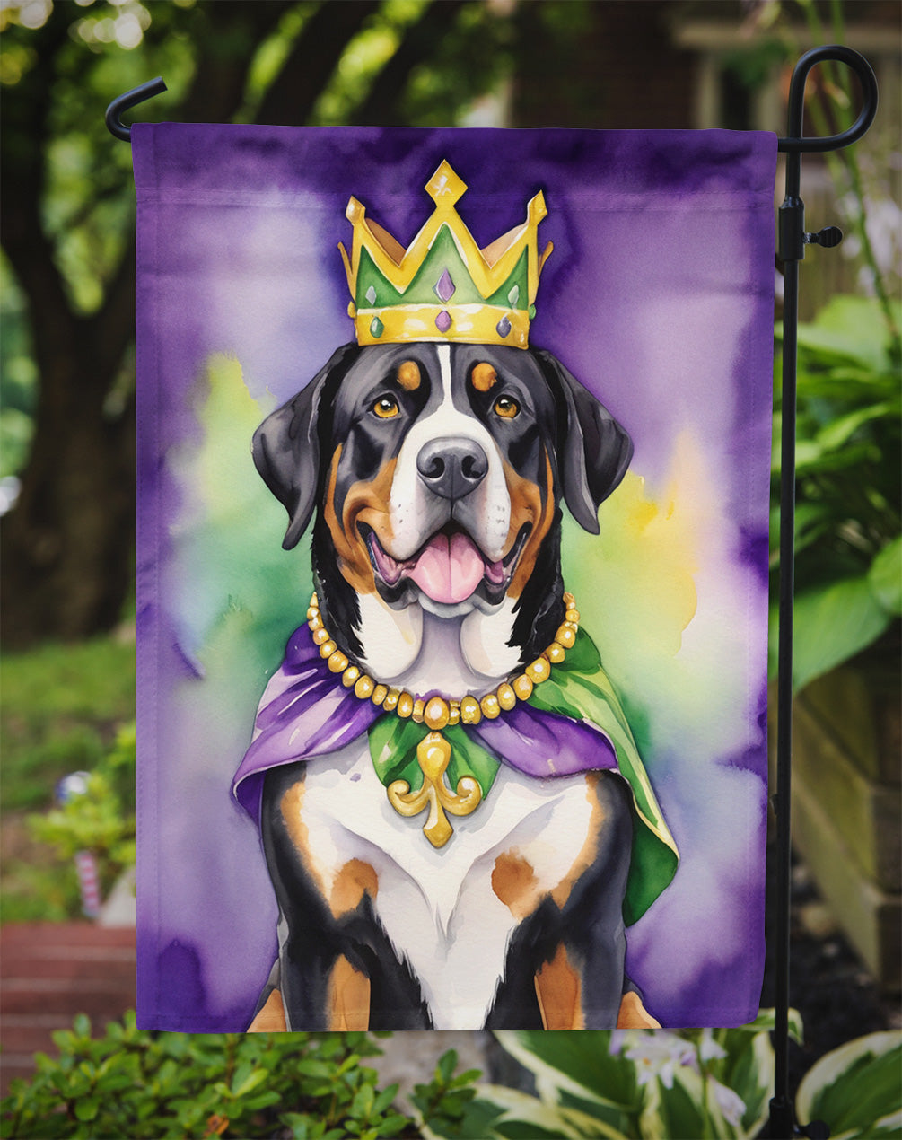 Greater Swiss Mountain Dog King of Mardi Gras Garden Flag - Vibrant Dog-Themed Yard Decor by Caroline's Treasures