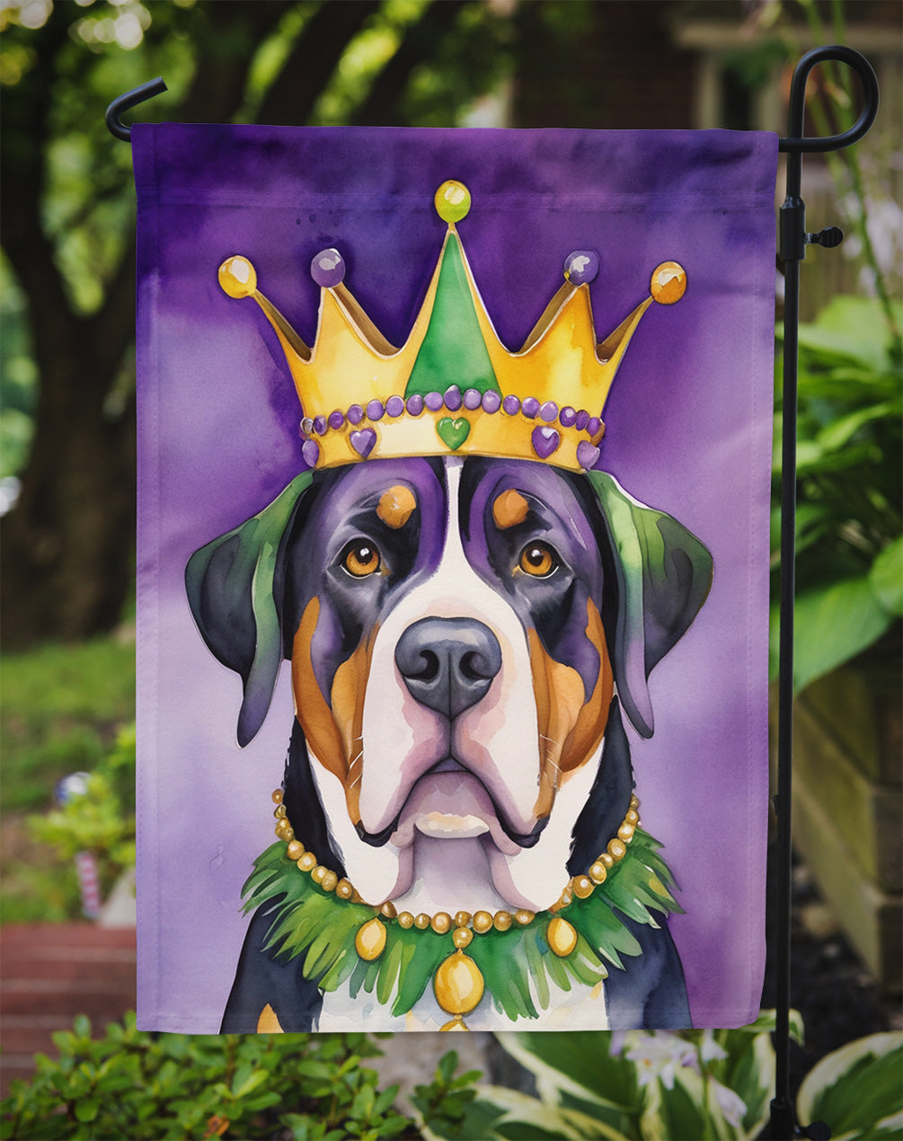 Greater Swiss Mountain Dog King of Mardi Gras Garden Flag - Vibrant Dog-Themed Yard Decor by Caroline's Treasures