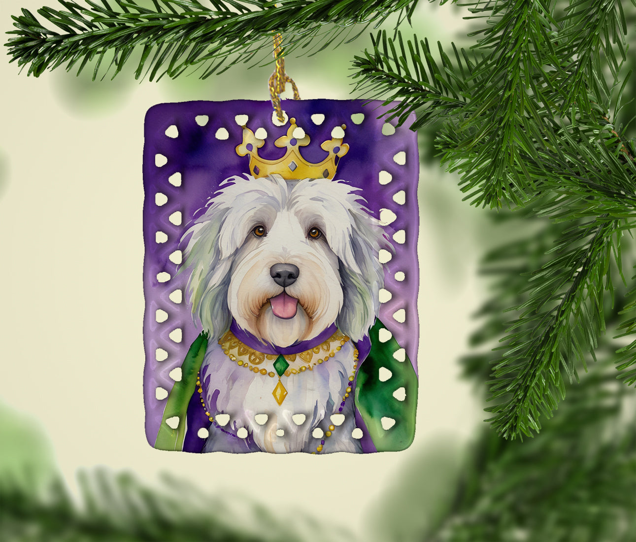 Old English Sheepdog King of Mardi Gras Porcelain Ornament