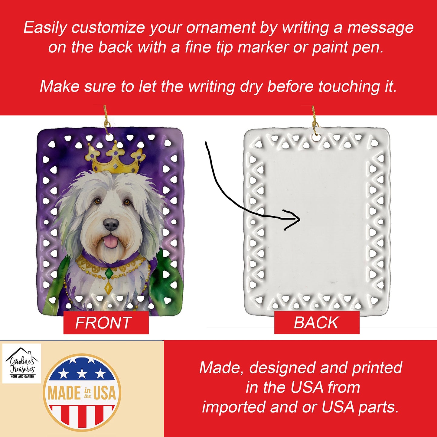 Old English Sheepdog King of Mardi Gras Porcelain Ornament