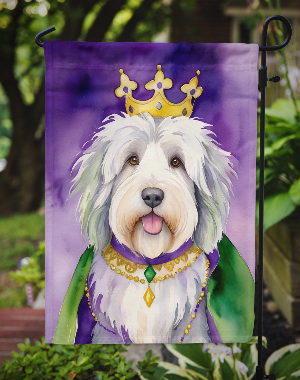 Old English Sheepdog King of Mardi Gras Garden Flag - Vibrant Dog-Themed Yard Decor by Caroline's Treasures