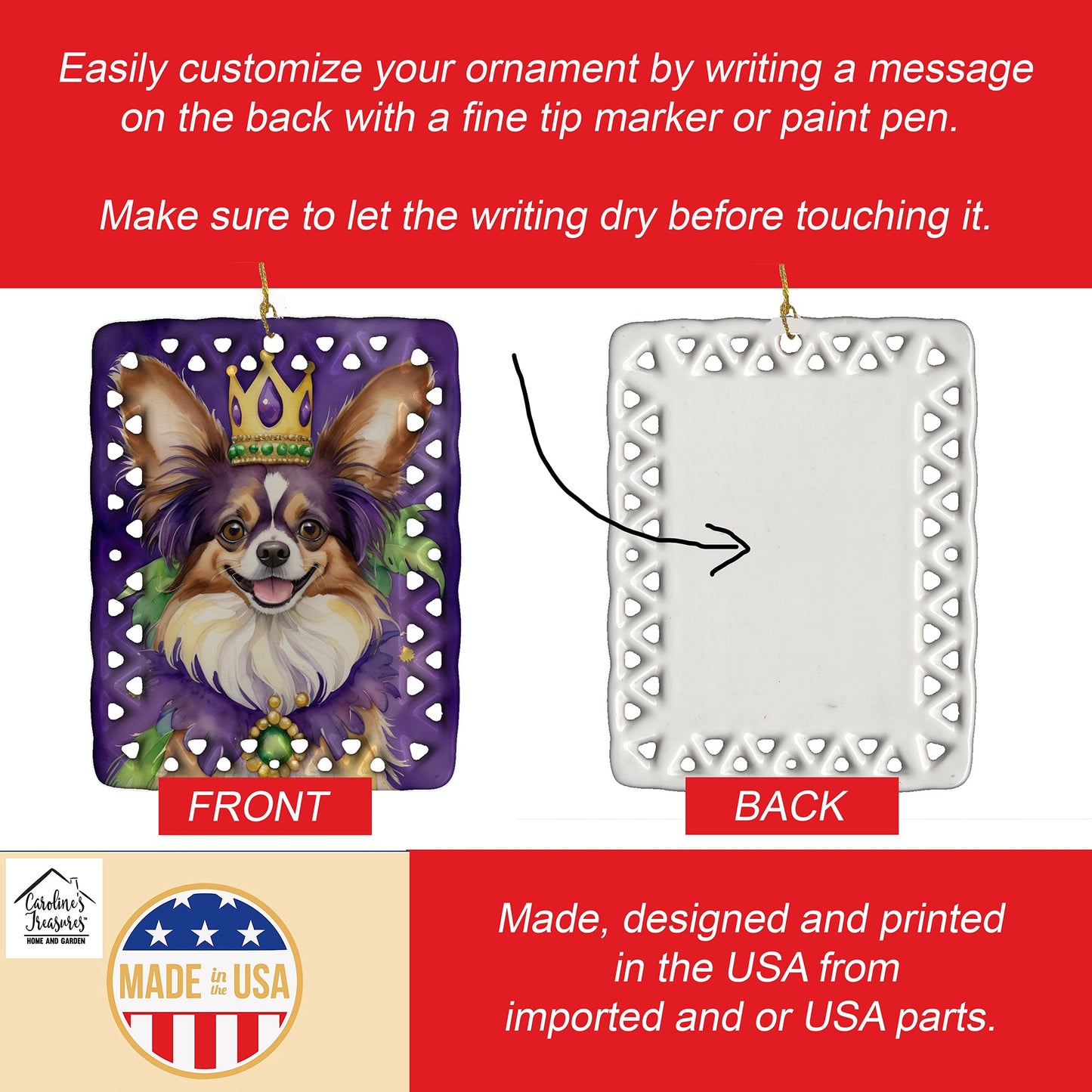 Papillon King of Mardi Gras Porcelain Ornament