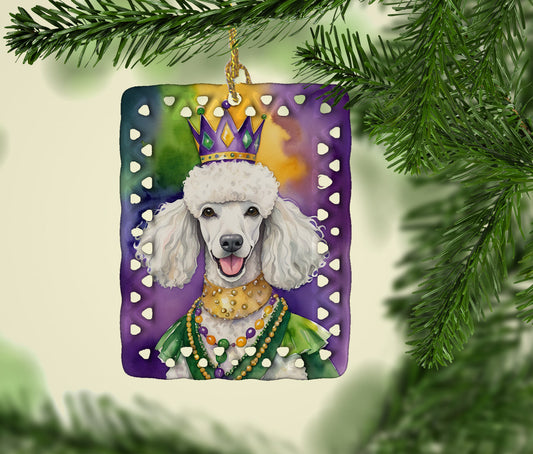 White Poodle King of Mardi Gras Porcelain Ornament