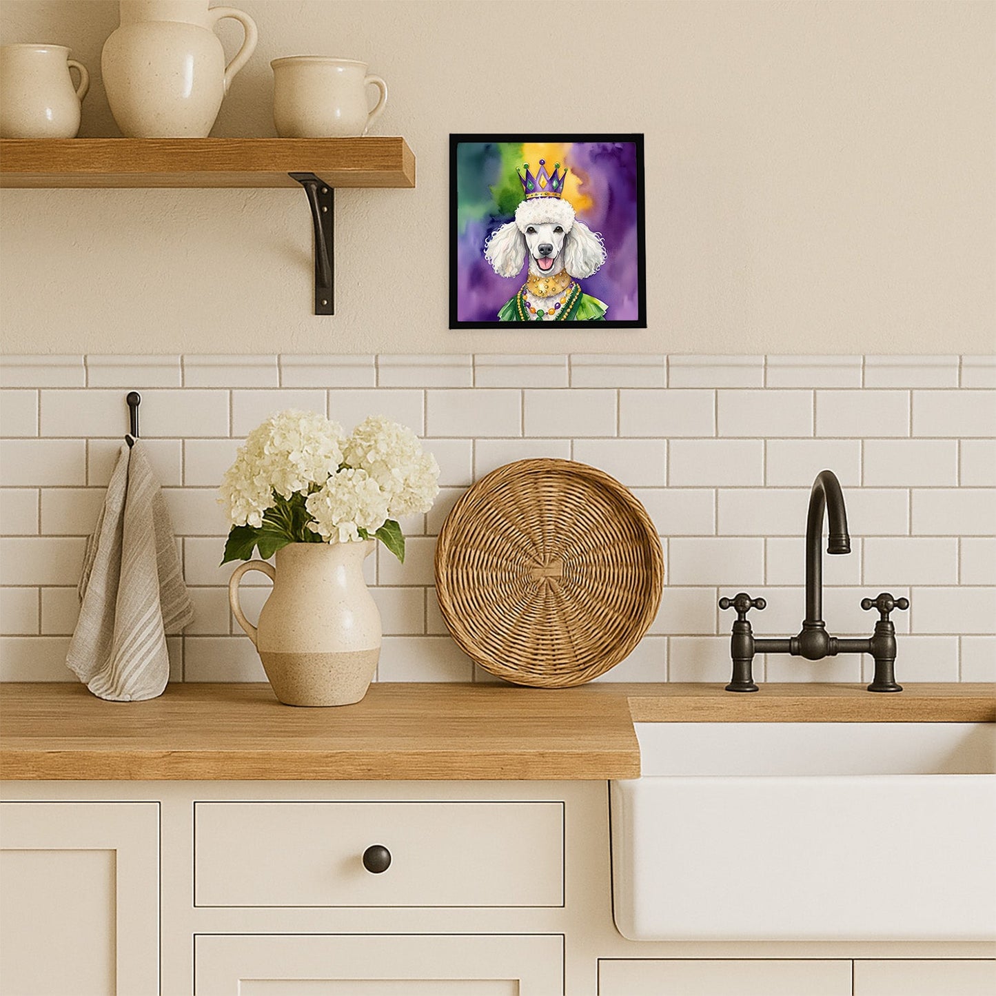 White Poodle King of Mardi Gras Framed Metal Print