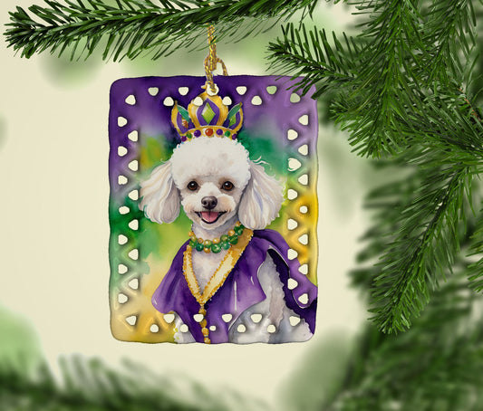 White Poodle King of Mardi Gras Porcelain Ornament