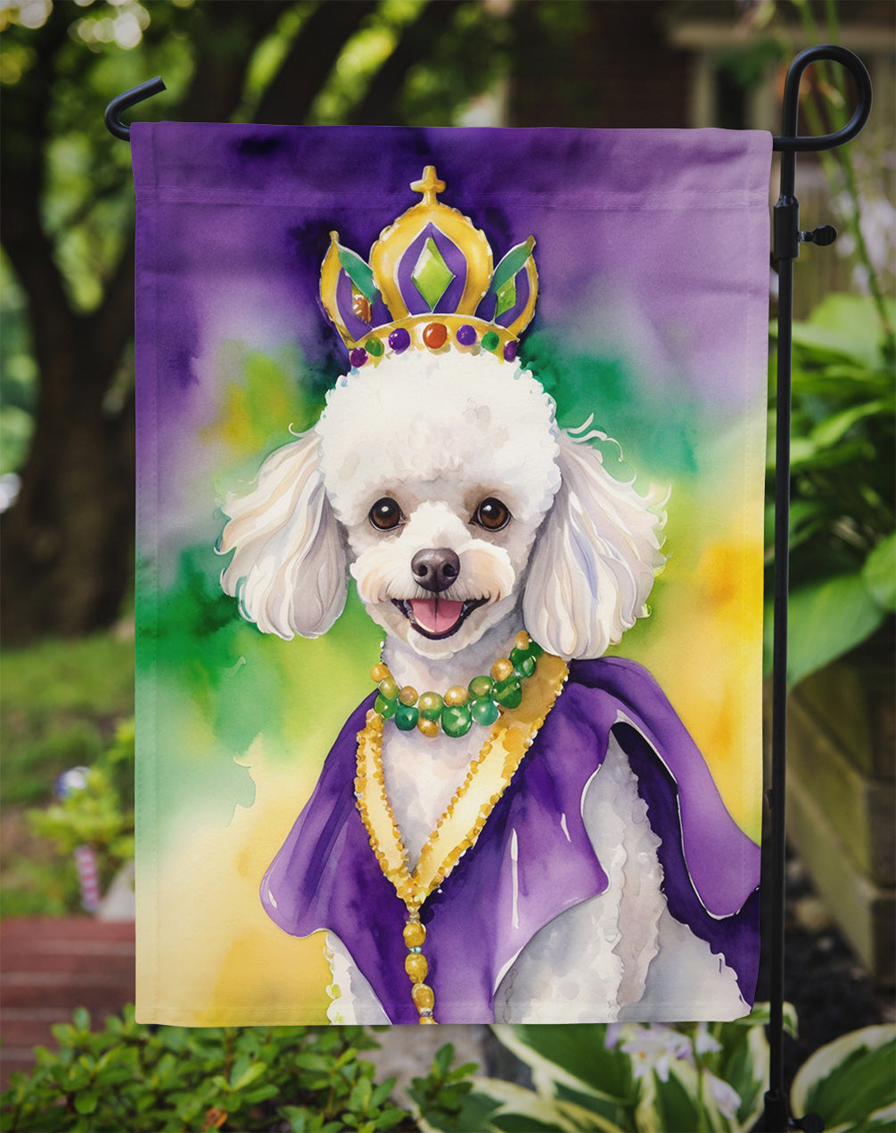 White Poodle King of Mardi Gras Garden Flag - Vibrant Dog-Themed Yard Decor by Caroline's Treasures