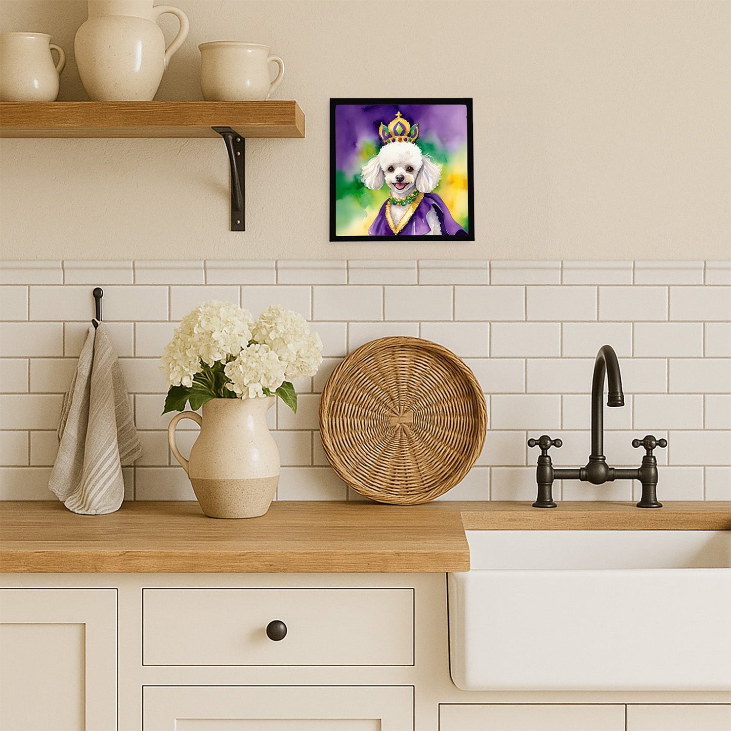 White Poodle King of Mardi Gras Framed Metal Print